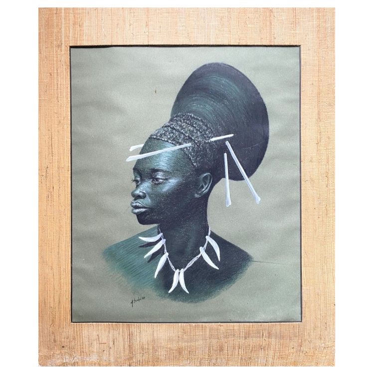 Portrait of a Mangbetu woman. Pastel and gouache highlights on paper. Mid-20th century.