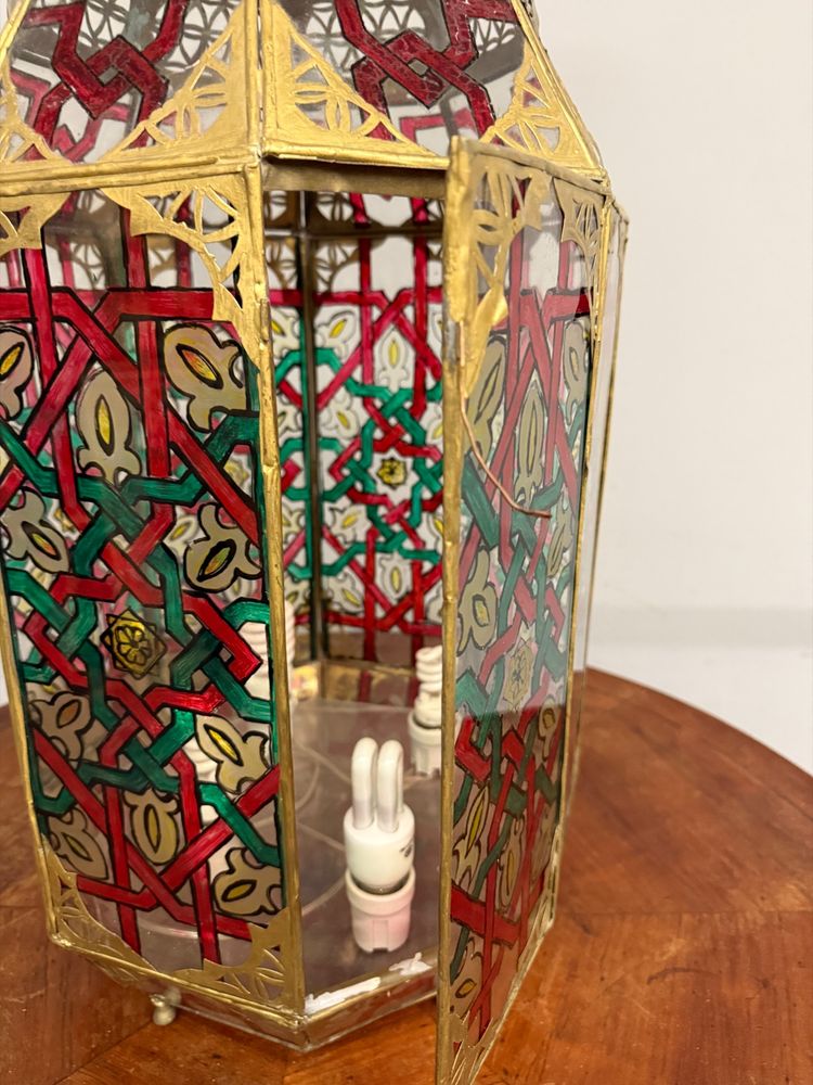 Vintage brass and painted glass lantern 20th century, Morocco, 94x40cm