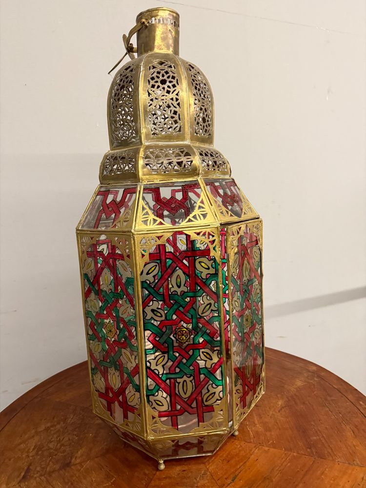 Vintage brass and painted glass lantern 20th century, Morocco, 94x40cm