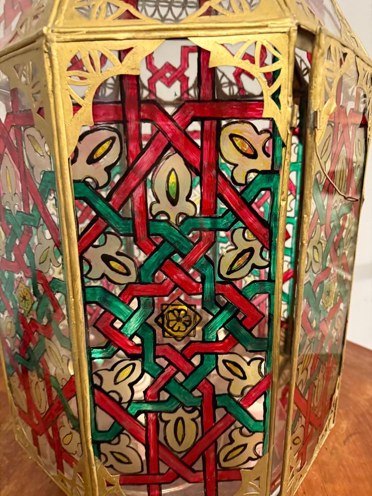 Vintage brass and painted glass lantern 20th century, Morocco, 94x40cm