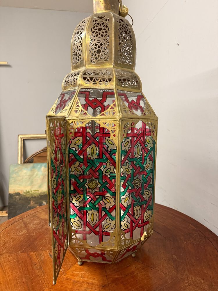 Vintage brass and painted glass lantern 20th century, Morocco, 94x40cm