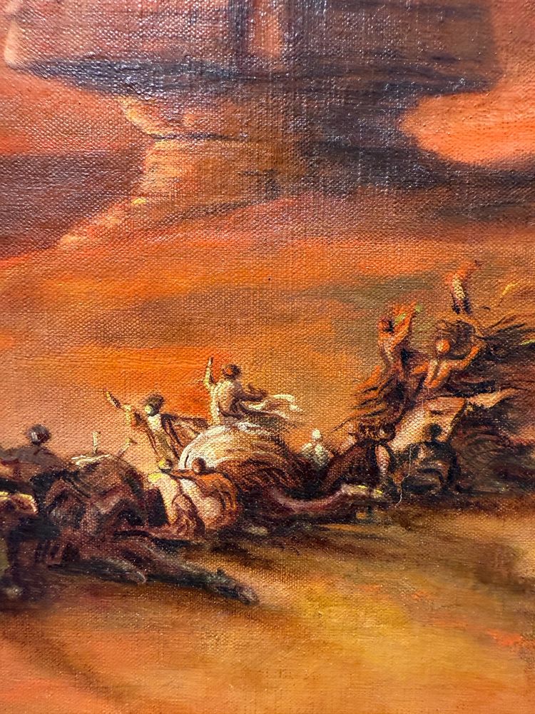 Oil painting on canvas Pyramids and characters orientalist landscape, 20th century, 90x69cm