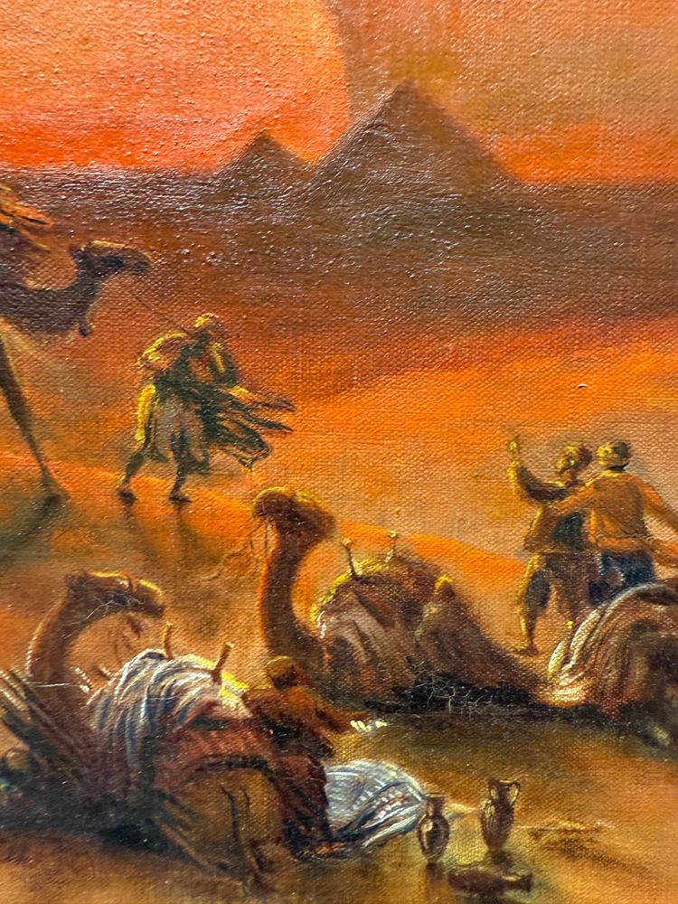 Oil painting on canvas Pyramids and characters orientalist landscape, 20th century, 90x69cm