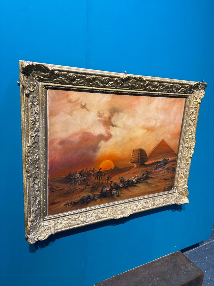 Oil painting on canvas Pyramids and characters orientalist landscape, 20th century, 90x69cm