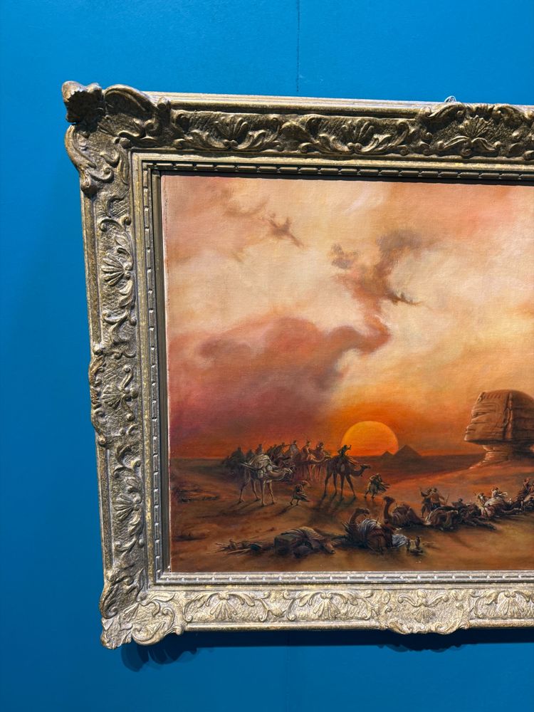 Oil painting on canvas Pyramids and characters orientalist landscape, 20th century, 90x69cm