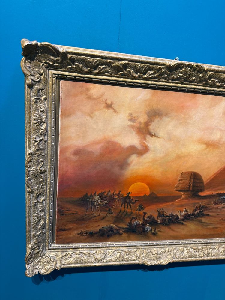 Oil painting on canvas Pyramids and characters orientalist landscape, 20th century, 90x69cm