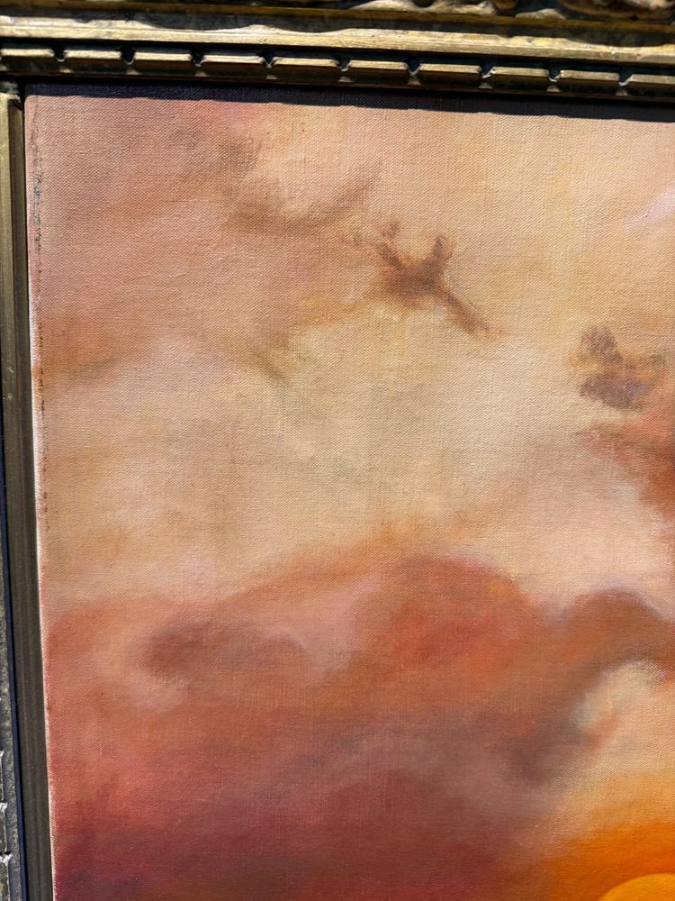 Oil painting on canvas Pyramids and characters orientalist landscape, 20th century, 90x69cm