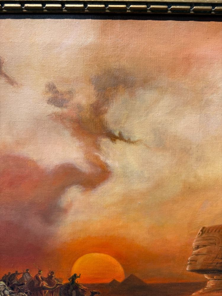 Oil painting on canvas Pyramids and characters orientalist landscape, 20th century, 90x69cm
