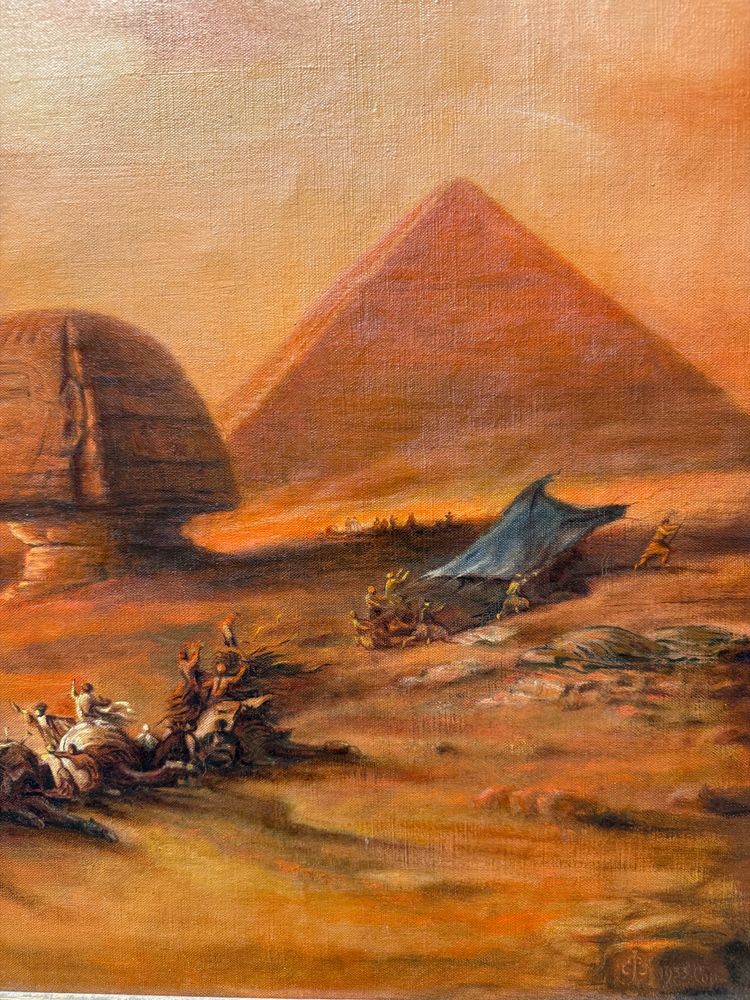 Oil painting on canvas Pyramids and characters orientalist landscape, 20th century, 90x69cm