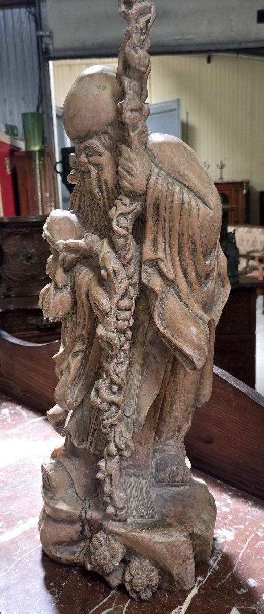China Shou Lao: large sculpture in light-colored wood