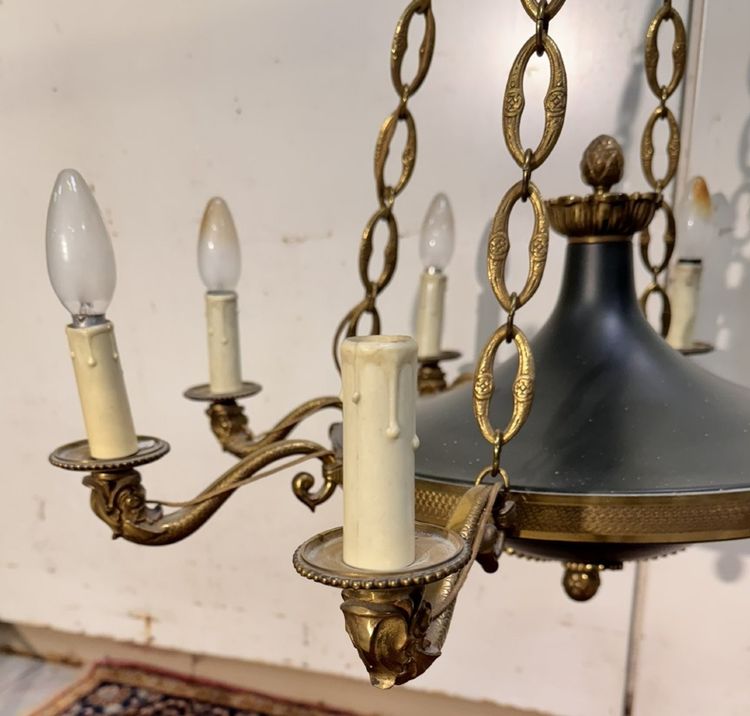 Large bronze Empire-style 8-light dolphin chandelier