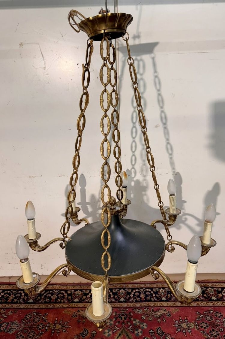 Large bronze Empire-style 8-light dolphin chandelier