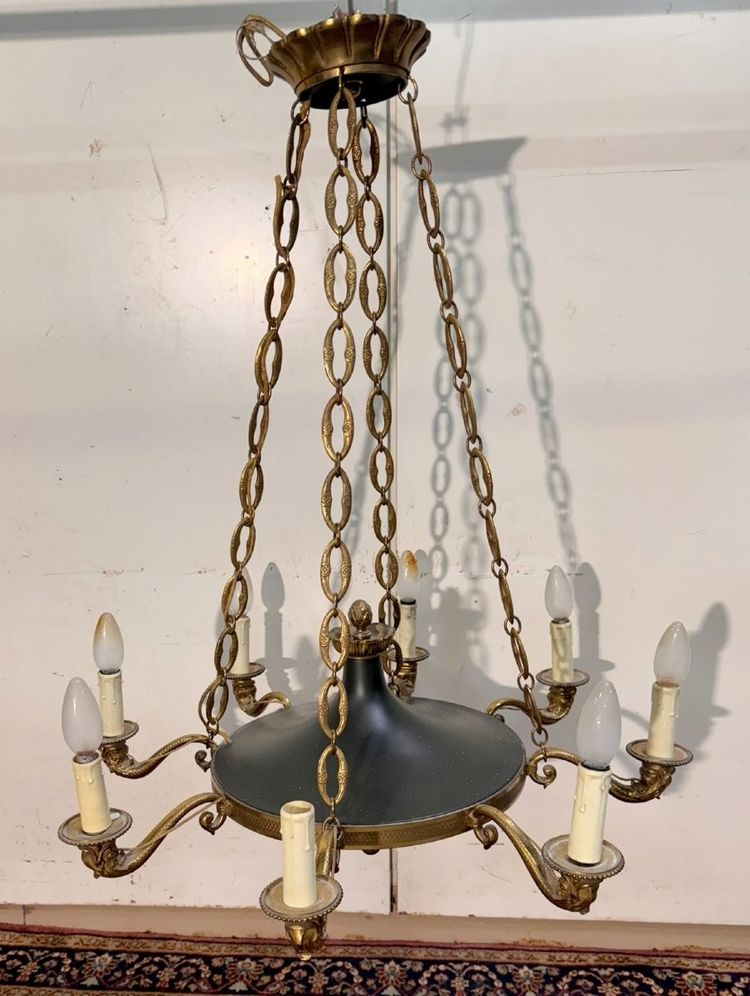 Large bronze Empire-style 8-light dolphin chandelier