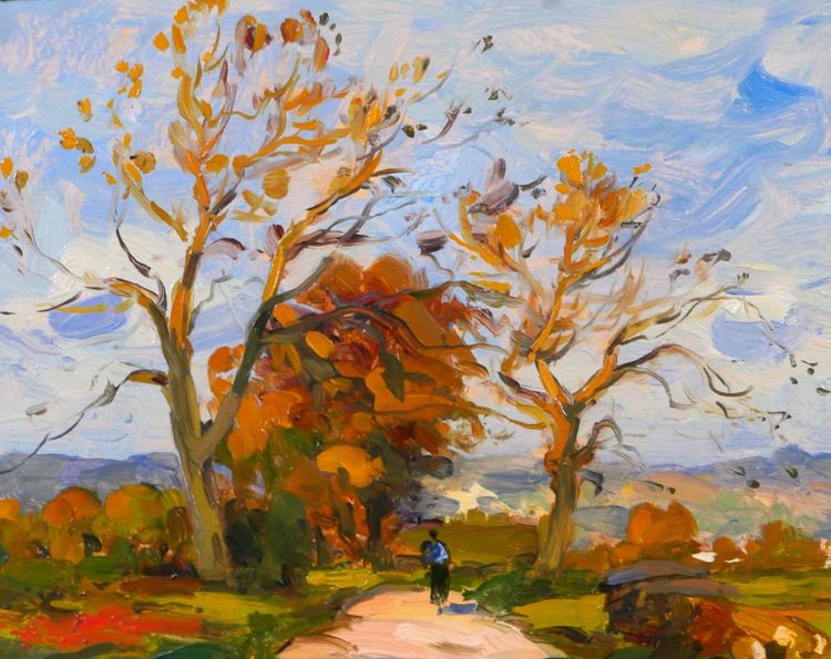 André DELAISTRE 1865-1931 Paesaggio con alberi e passeggiatore dipinto nel 1910 circa impressionismo