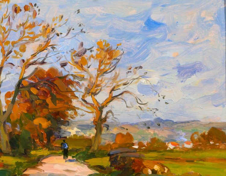 André DELAISTRE 1865-1931 Paesaggio con alberi e passeggiatore dipinto nel 1910 circa impressionismo