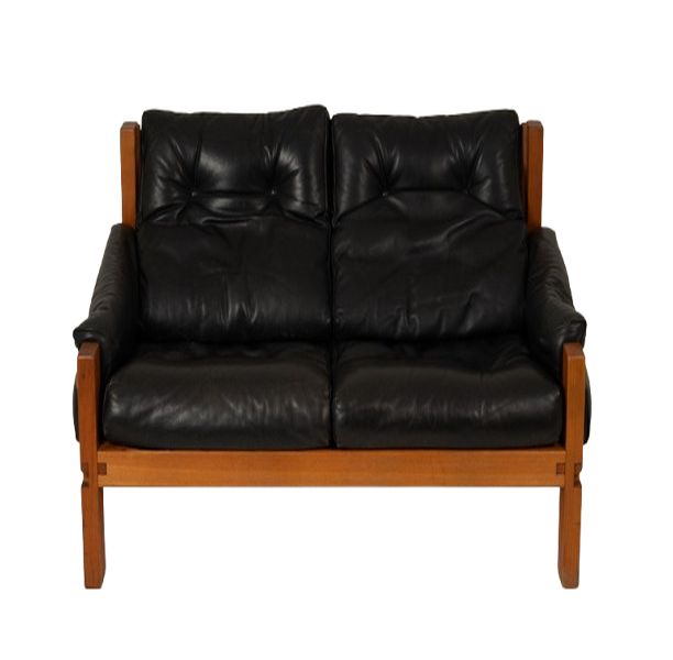 Pierre Chapo.  S22 two-seater sofa, in elm and black leather. 1970 LS6739