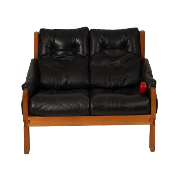 Pierre Chapo.  S22 two-seater sofa, in elm and black leather. 1970 LS6739