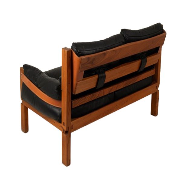 Pierre Chapo.  S22 two-seater sofa, in elm and black leather. 1970 LS6739