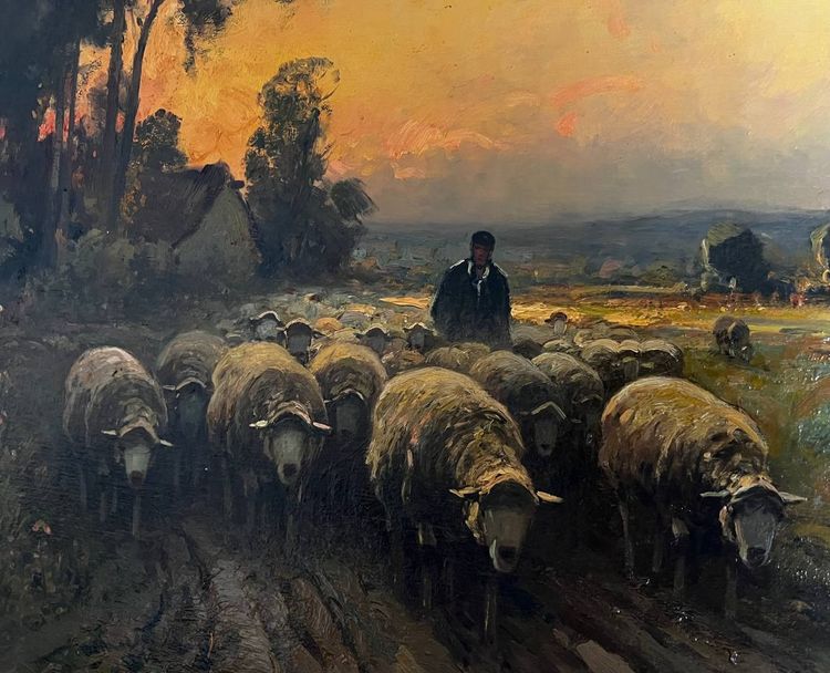 Öl auf Leinwand, A. Derians (19.-20. Jh.) - Hirte, der die Herde führt