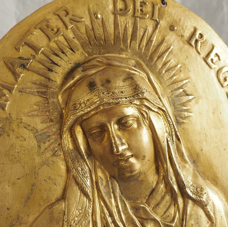 Paire de plaques de dévotion Louis XIV - Jésus et Sainte Vierge en bronze ciselé & doré au mercure