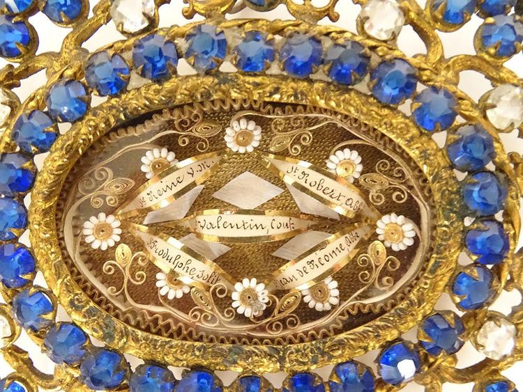 Reliquaire médaillon laiton doré strass Saints Reine Valentin Robert XIXème