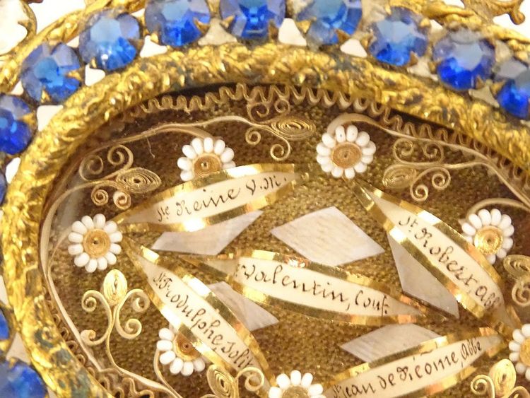Reliquaire médaillon laiton doré strass Saints Reine Valentin Robert XIXème