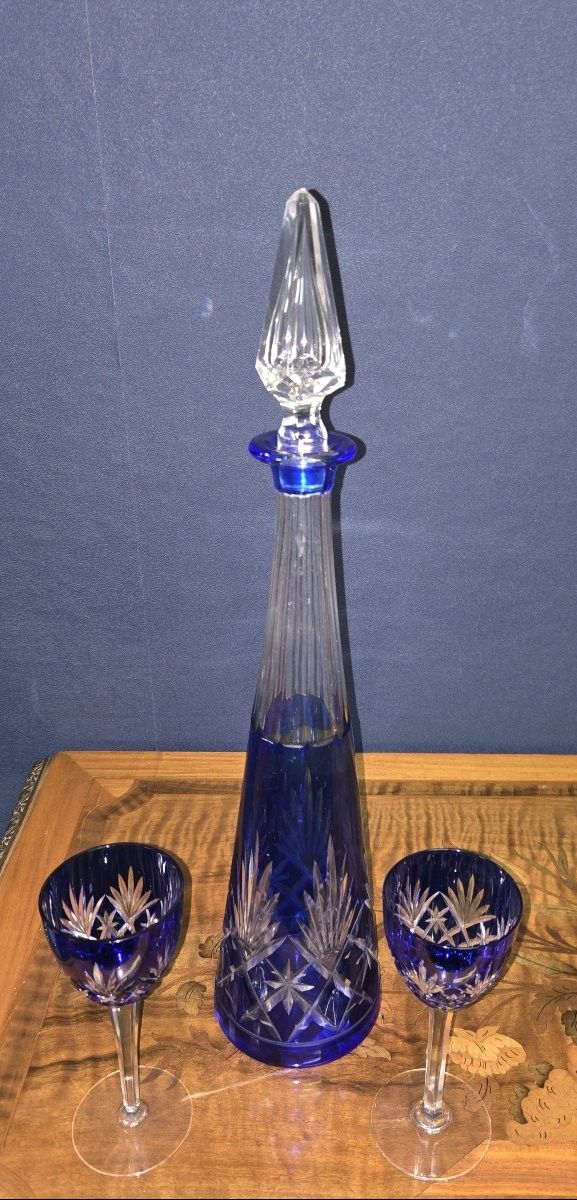 Cobalt Blue Double-layered Crystal Service, Consisting Of A Carafe And Two Matching Glasses