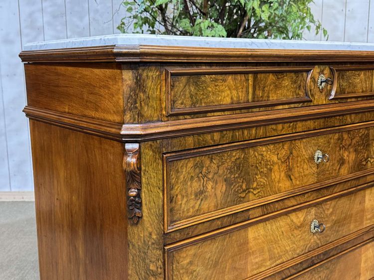 19th century Napoleon III chest of drawers in walnut, fir and white marble