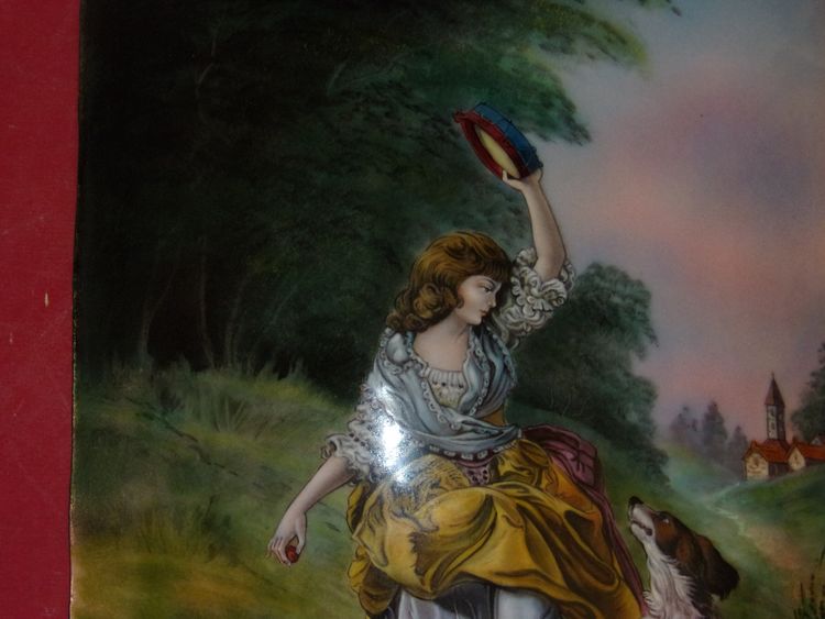  Young girl with her dogs, large Limoges enamel, 20th century.