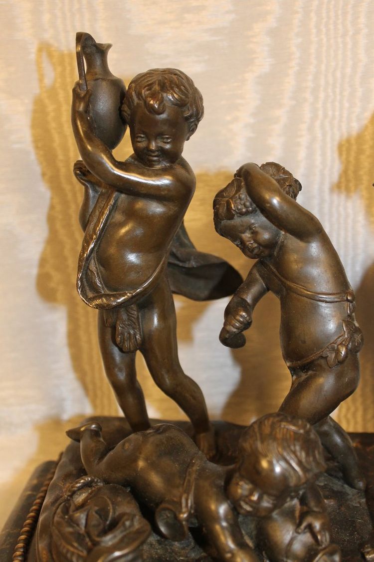 Bronze group on a marble base. Sculpture by Clodion, putti or children and the goat