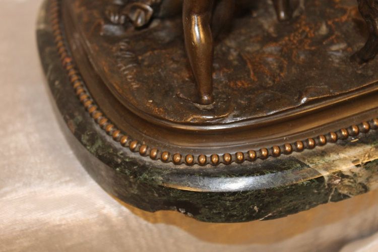 Bronze group on a marble base. Sculpture by Clodion, putti or children and the goat
