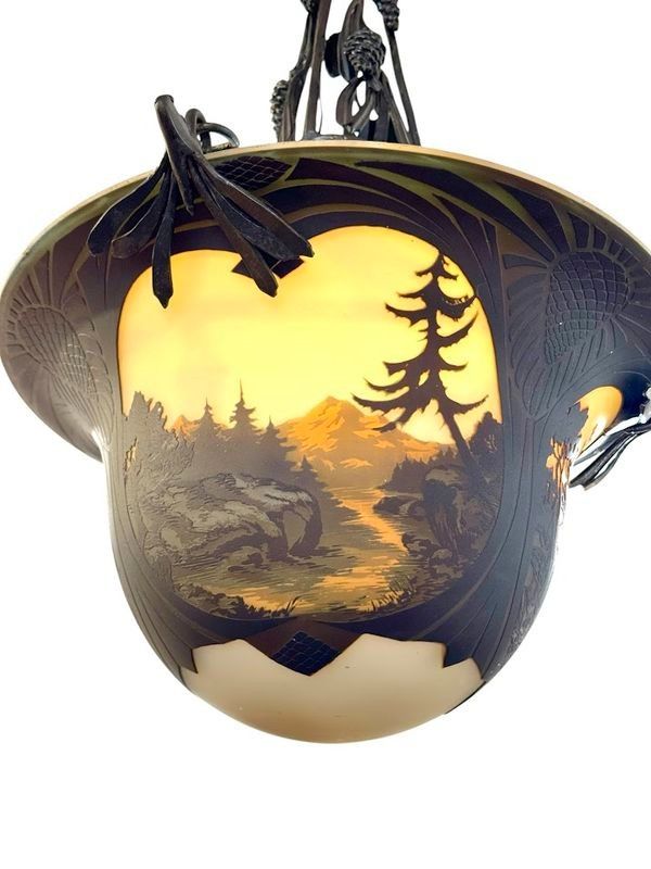 Muller Frères Lunéville Art Nouveau Chandelier "Vosges Landscape"