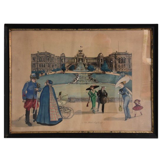 Die Aquarellzeichnung von Palais Longchamps, signiert von A. Goliard, datiert 1911