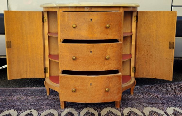 Half-moon commode in burr wood with a marble top – Louis XV style