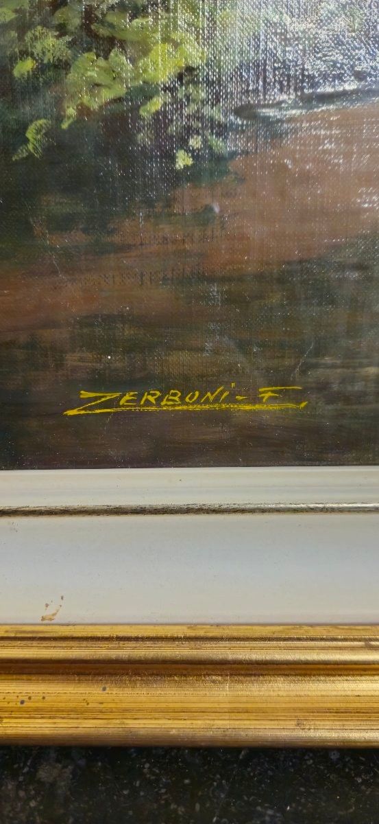 F Zerboni – Paysage d’Auvergne – Pont en pierre – Huile sur toile