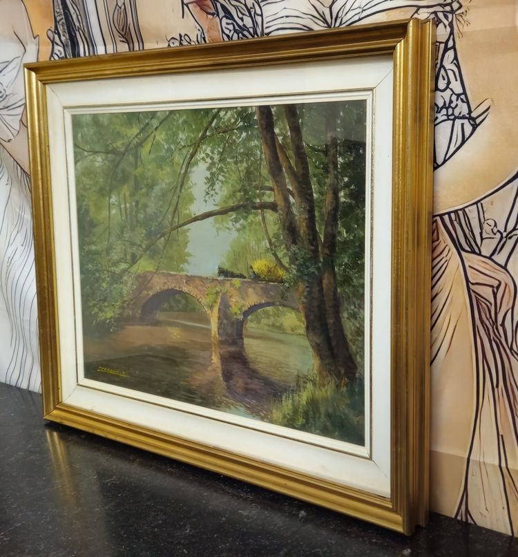 F Zerboni – Paysage d’Auvergne – Pont en pierre – Huile sur toile