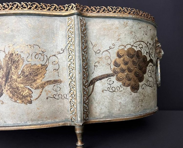 Large oval planter in painted sheet metal – floral decoration and bunches of grapes – Louis XVI style