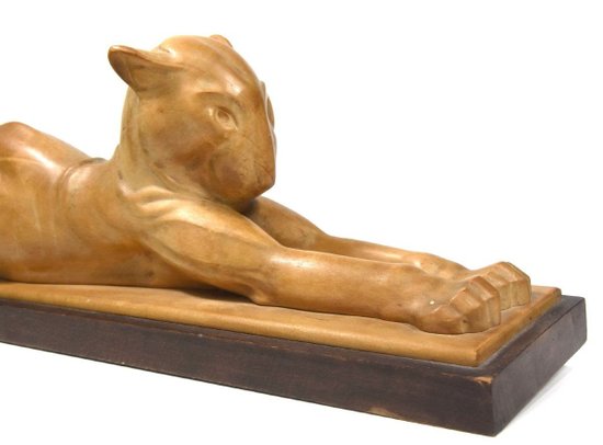 Sculpture En Bois d'Une Panthère Couchée Par Noël Ange Martini époque Art Déco