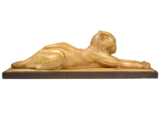 Sculpture En Bois d'Une Panthère Couchée Par Noël Ange Martini époque Art Déco