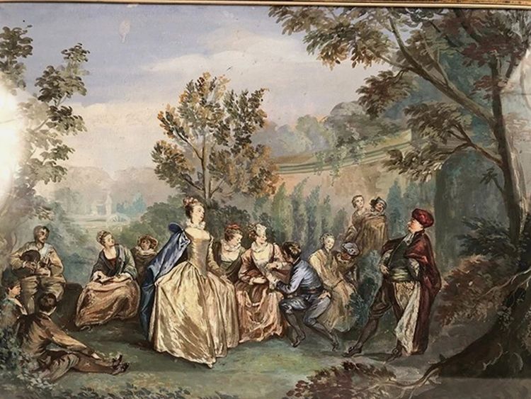 Garden party, framed watercolor, late 19th century