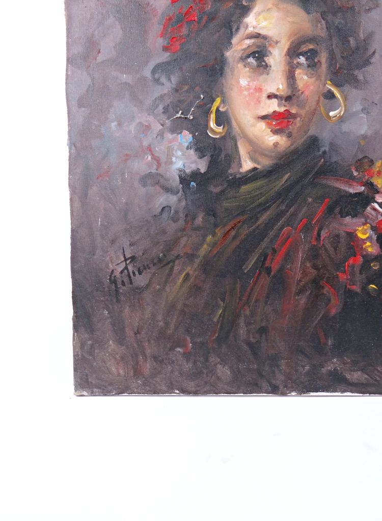 Ritratto ad olio su tela di una ballerina di flamenco boema, 70x50 cm, firmato, metà del XX secolo.