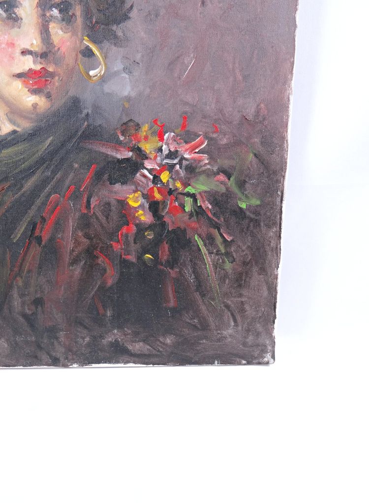 Ritratto ad olio su tela di una ballerina di flamenco boema, 70x50 cm, firmato, metà del XX secolo.