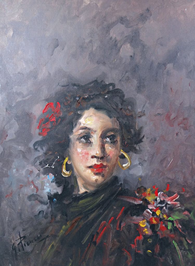 Ritratto ad olio su tela di una ballerina di flamenco boema, 70x50 cm, firmato, metà del XX secolo.