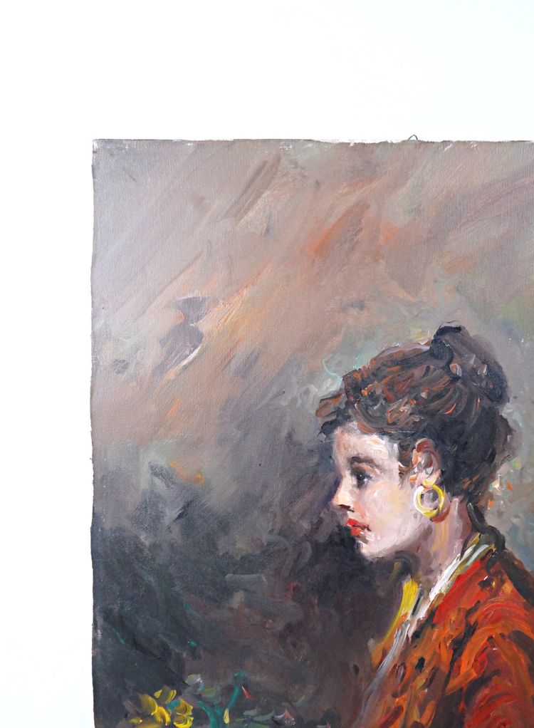 Ritratto di flamenco boemo su tela, olio su tela, con bouquet, 70x50 cm, firmato, metà del XX secolo
