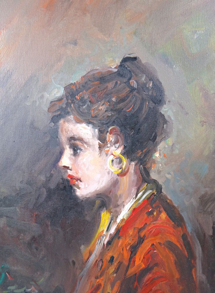 Ritratto di flamenco boemo su tela, olio su tela, con bouquet, 70x50 cm, firmato, metà del XX secolo