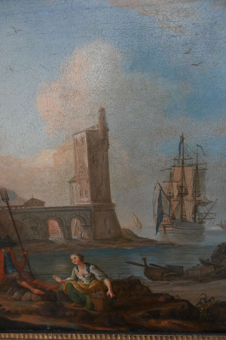 Jean Baptiste Lallemand, follower of, 18th century school, Mediterranean port scene