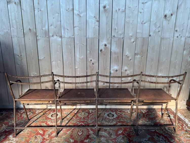 4-seater theater bench – Industrial style – Iron and sheet metal – Early 20th century