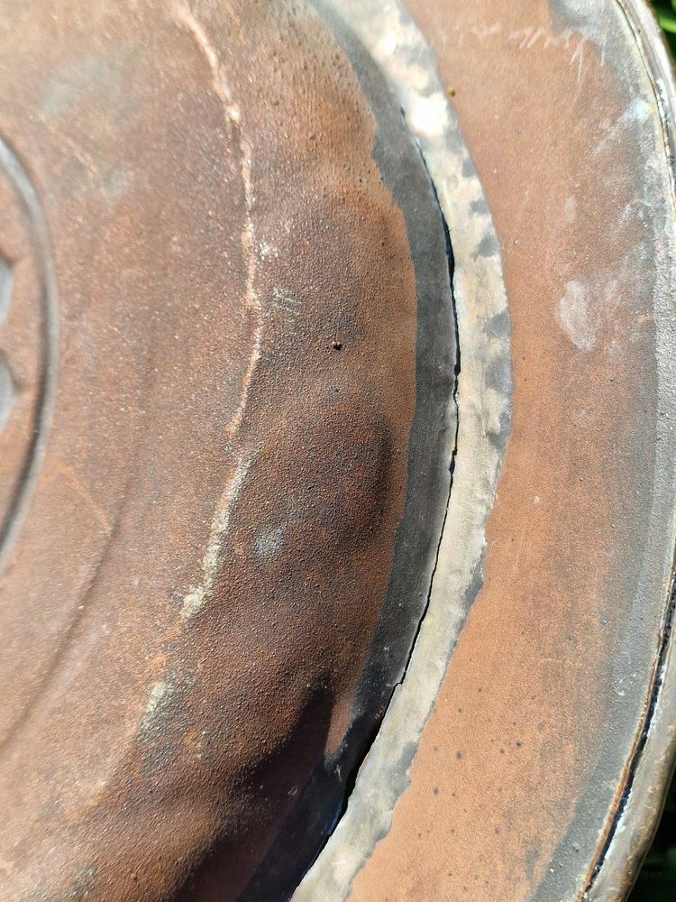 Copper repoussé collection plate, also known as a "quête" plate