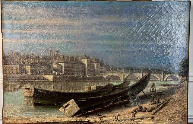 PEINTURE / HUILE DU XVIIIe ECOLE FRANÇAISE " PARIS BORD DE SEINE AU MOYEN AGE "