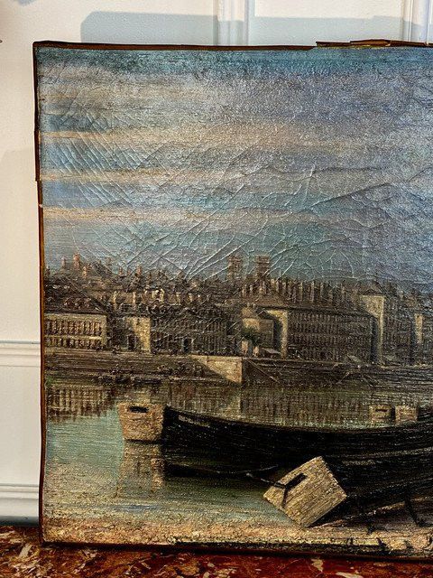 PEINTURE / HUILE DU XVIIIe ECOLE FRANÇAISE " PARIS BORD DE SEINE AU MOYEN AGE "